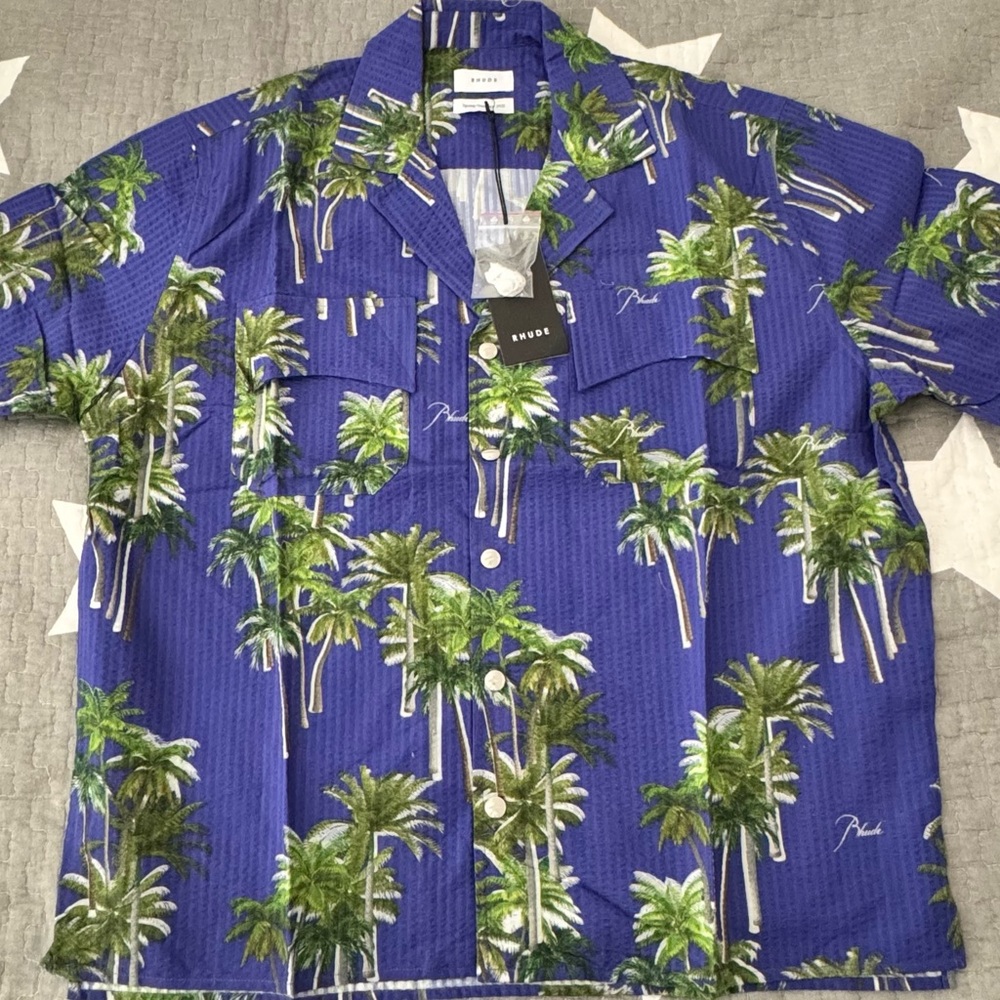 Brand New RHUDE searsucker Hawaiian Blue & Green button up Size Small with Tags!
